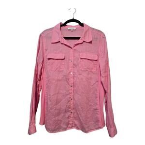 Calvin Klein Linen Button Down Blouse Shirt Women LG Pink Roll Tab Sleeve Preppy
